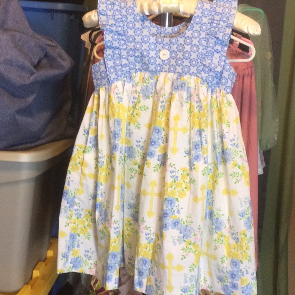 Eleanor Rose Blue and Yellow Floral Cross-Print Girls' Dress